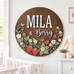 May include: A circular dark brown wooden wall sign featuring the white text "MILA" in a bold sans-serif font and "Berry" in a white cursive script. The sign is decorated with layered wooden cutouts of red strawberries, green leaves, pale pink flowers, and small butterflies.