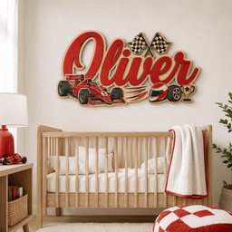 May include: A wooden wall sign featuring the name Oliver in large red script letters. The design includes a red race car, two checkered flags, a racing helmet, and a trophy. The sign is mounted on a wall above a wooden crib with white bedding.