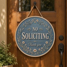 May include: A round blue wooden sign with a light wood frame, hanging by a rope. The sign features the text NO SOLICITING and Thank you in white lettering, surrounded by a decorative embossed floral wreath pattern with white daisy-like flowers.