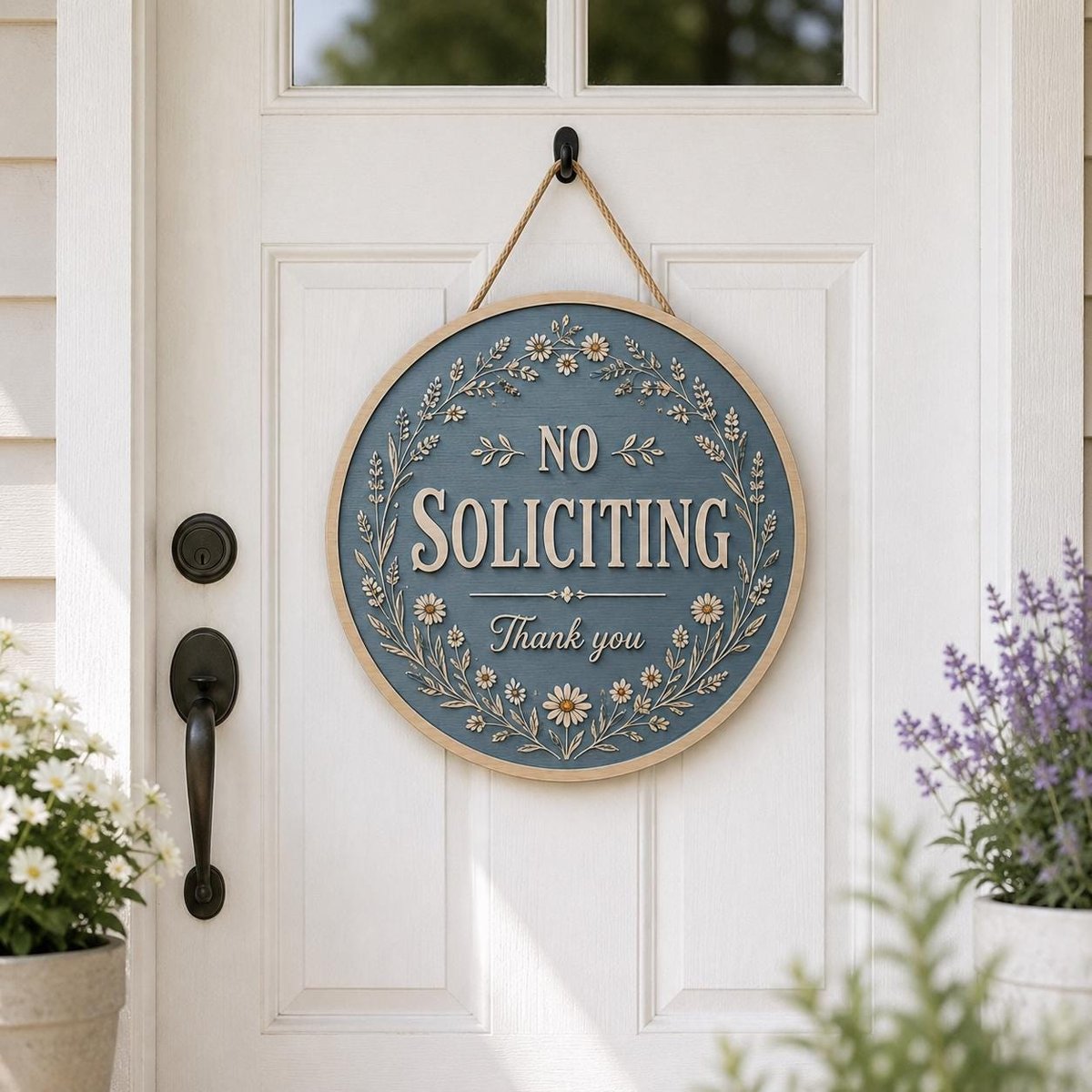 May include: A round wooden sign with a blue background and a light wood frame, hanging by a rope. The sign features the white text NO SOLICITING and Thank you, surrounded by a decorative white floral wreath pattern of daisies and leafy vines.