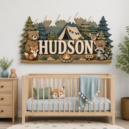 May include: A wooden wall sign featuring the name HUDSON in large white letters, surrounded by a forest scene with a bear, fox, deer, raccoon, a tent, and a campfire. The sign is mounted above a light wood crib with a blue blanket and pillows.