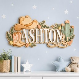 May include: A decorative wooden wall sign featuring the name ASHTON in large white letters. The design includes a tan cowboy hat, a pair of tan cowboy boots, a green cactus, a rope, and small orange and yellow flowers arranged on a layered base.