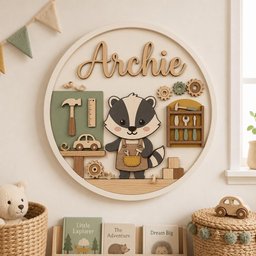 May include: A circular wooden wall sign featuring the name Archie in script lettering. The design includes a central badger character wearing an apron, surrounded by wooden cutouts of tools, gears, a toy car, and a small shelving unit with tools.