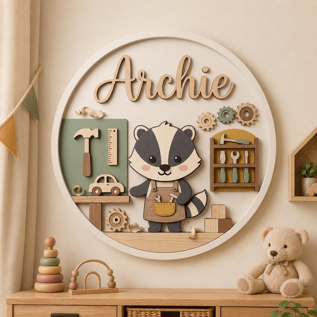 May include: A circular wooden wall sign featuring the name Archie in script lettering. The design includes a central badger character wearing an apron, surrounded by miniature wooden tools, gears, a toy car, and a shelf unit with tools in a workshop theme.