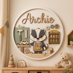 May include: A circular wooden wall sign featuring the name Archie in script lettering. The design includes a central badger character wearing an apron, surrounded by miniature wooden tools, gears, a toy car, and a shelf unit with tools in a workshop theme.