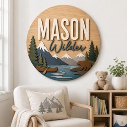 May include: A circular wooden wall sign featuring the name MASON WILDER in layered lettering. The design depicts a mountain landscape with dark green pine trees, a blue lake, a brown canoe, and a brown bear silhouette against a light wood background.