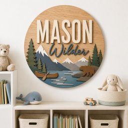 May include: A circular wooden wall sign featuring the name Mason Wilder in raised lettering. The design includes a layered mountain landscape with pine trees, a brown bear, a canoe with an oar, and a blue river, all in shades of blue, green, and brown.