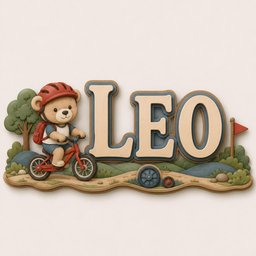 May include: A decorative wall sign featuring the name LEO in large beige letters with blue outlines. To the left, a cartoon teddy bear wearing a red helmet and backpack rides a red bicycle. The scene includes green trees, hills, and a small red flag.