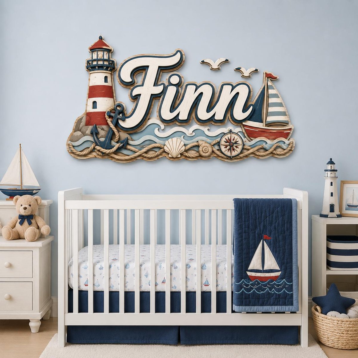 May include: A wall-mounted wooden sign featuring the name Finn in large white script, accented by a red and white lighthouse, a sailboat, an anchor, a compass, and seashells, all rendered in a nautical theme with blue and tan rope details.