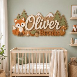 May include: A wooden wall sign featuring the name Oliver Brooks in white script and block lettering. The design includes a layered orange fox, green pine trees, brown mountains with white peaks, mushrooms, an acorn, and autumn leaves.