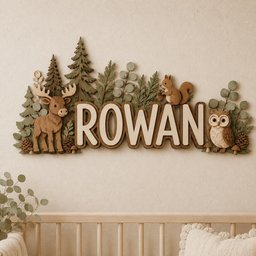 May include: A wooden wall sign featuring the name ROWAN in large, light-colored letters with dark brown outlines. The sign is decorated with layered cutouts of a moose, a squirrel, an owl, pine trees, ferns, pinecones, and small mushrooms.