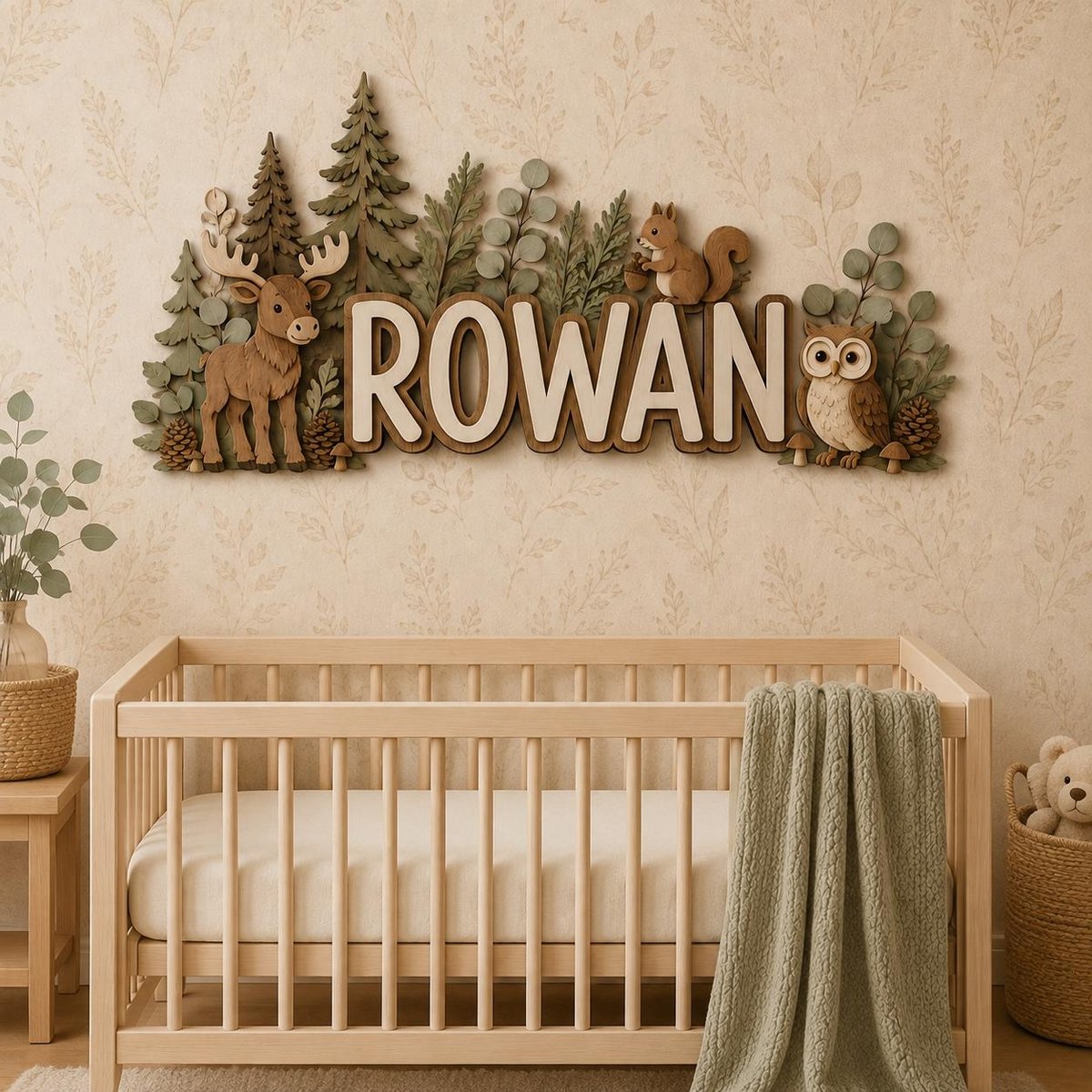 May include: A wooden wall sign featuring the name ROWAN in large white letters with a dark brown outline. The sign is decorated with layered cutouts of a moose, a squirrel, an owl, pine trees, ferns, and pinecones in shades of brown and green.