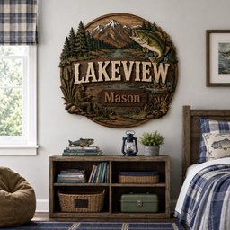 May include: A circular wooden wall sign featuring a carved mountain landscape, a leaping fish, and a person fishing. The sign displays the text LAKEVIEW and Mason in raised lettering. The artwork includes pine trees, cattails, and water details.