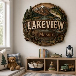 May include: A circular wooden wall sign featuring a carved mountain landscape, a leaping bass fish, and a person fishing by the water. The sign displays the text "LAKEVIEW" in large letters and "Mason" on a smaller plaque, with brown and green tones.