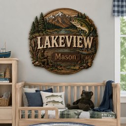 May include: A circular wooden wall sign featuring a carved landscape with mountains, pine trees, a jumping fish, and a person fishing. The sign displays the text "LAKEVIEW" in large letters and a smaller plaque with the name "Mason" in the center.
