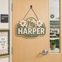 May include: A wooden classroom door sign featuring the text Ms. HARPER in white capital letters on a sage green background. The sign is decorated with two white daisy flowers with yellow centers and a small orange heart, hanging by a jute rope.