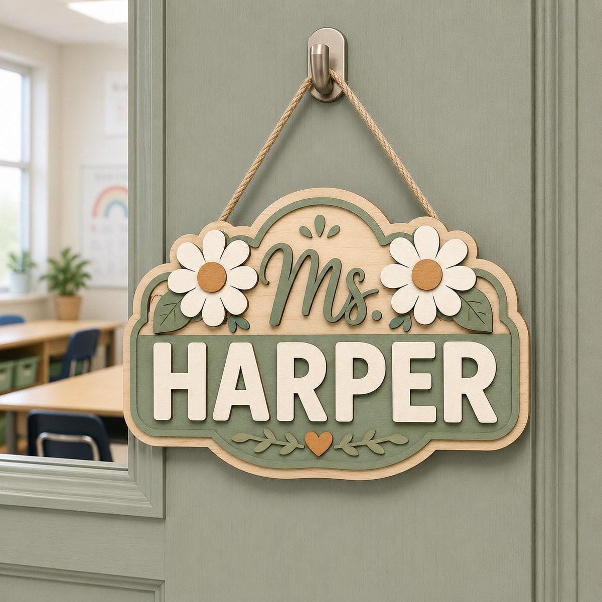 May include: A decorative wooden wall sign hanging from a metal hook by a rope. The sign features a light wood background with a sage green border and center panel. It displays the text Ms. HARPER in white letters, flanked by two white daisies.