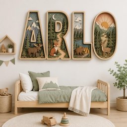 May include: Four large, wooden, wall-mounted letter cutouts spelling ARLO, each featuring a layered, three-dimensional nature scene with a moose, a fox, a bear, and a deer, set against mountains, forests, and a sun or moon in a nursery room.
