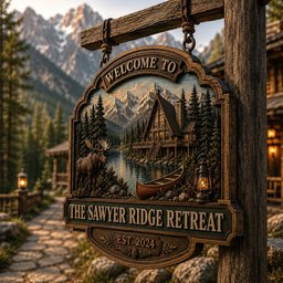 May include: A hanging wooden sign with a carved mountain scene featuring a cabin, a moose, a canoe, and a lantern. The text reads WELCOME TO THE SAWYER RIDGE RETREAT EST. 2024. The sign is suspended from a wooden post by two metal chains and rings.