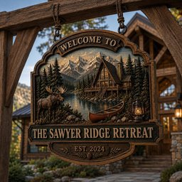 May include: A hanging wooden sign with a carved mountain landscape featuring a cabin, a moose, a canoe, and a lantern. The text reads WELCOME TO THE SAWYER RIDGE RETREAT EST. 2024. The sign is suspended by ropes from a wooden frame structure.