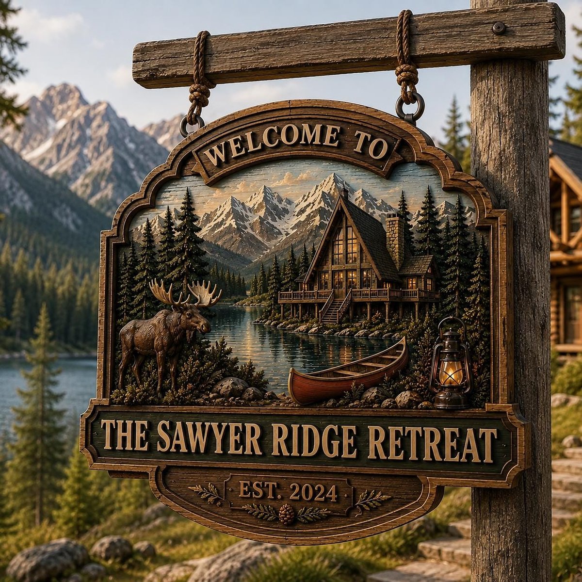 May include: A decorative wooden hanging sign featuring a relief carving of a mountain lake scene with a cabin, a moose, and a canoe. The text reads WELCOME TO THE SAWYER RIDGE RETREAT EST. 2024. The sign is suspended by ropes from a wooden post.
