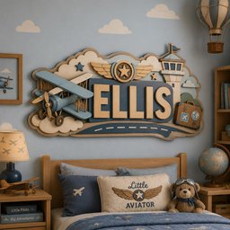 May include: A wall-mounted wooden sign featuring the name ELLIS in large block letters, decorated with a blue biplane, a control tower, and a suitcase. The design includes clouds, stars, and wings, rendered in shades of blue, tan, and cream.