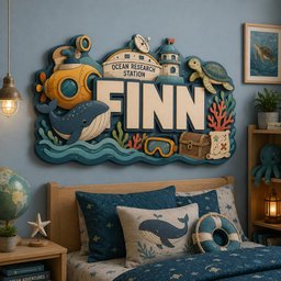 May include: A wall-mounted wooden sign featuring the name FINN in large letters, surrounded by an ocean theme including a yellow submarine, a blue whale, a lighthouse, a sea turtle, a treasure chest, a diving mask, and a map.