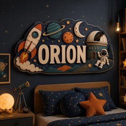 May include: A wall-mounted wooden sign featuring the name ORION in large letters, surrounded by a space-themed scene with a rocket, a planet with rings, a moon, an observatory, and an astronaut, all set against a dark blue starry background.