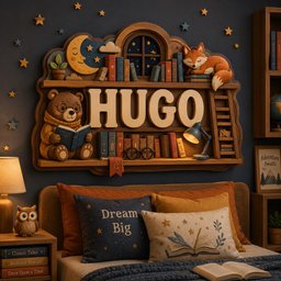 May include: A wooden wall-mounted shelf featuring the name HUGO in large letters, a sleeping fox, a bear reading a book, a crescent moon, a window, and miniature books. The shelf is decorated with small stars and includes a small desk lamp.