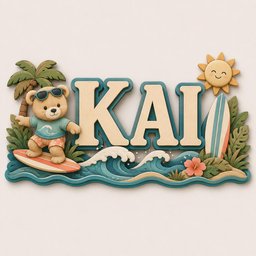 May include: A decorative wall sign featuring the name KAI in large beige letters. The design includes a teddy bear wearing sunglasses and a teal shirt on a surfboard, a palm tree, ocean waves, a smiling sun, a surfboard, and a pink flower.
