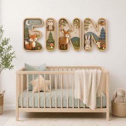 May include: Four wooden wall letters spelling FINN, each featuring 3D forest scenes with a fox, owl, deer, rabbit, and hedgehog. The letters are decorated with trees, mushrooms, stars, and a crescent moon in soft earth tones and muted greens.
