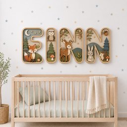 May include: A set of four wooden wall letters spelling FINN, featuring layered cutouts of a fox, owl, deer, rabbit, and hedgehog in a forest landscape with trees, mushrooms, and stars, mounted above a light-colored wooden baby crib.