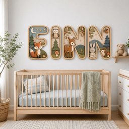 May include: A set of four wooden wall letters spelling FINN, featuring layered forest scenes with a fox, owl, deer, rabbit, and hedgehog. Each letter is decorated with trees, mushrooms, stars, and a crescent moon in muted earth tones.