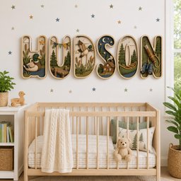 May include: A set of six wooden wall letters spelling HUDSON, each featuring layered nature-themed cutouts including a mallard duck, pine trees, a wooden dock, a flying duck, a cabin, a canoe, and binoculars, all in earthy tones of green and brown.