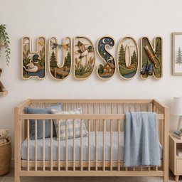 May include: A set of six wooden wall letters spelling HUDSON, each featuring layered outdoor scenes including a mallard duck, a wooden dock, a flying duck, a cabin in the woods, a canoe, and binoculars with a flashlight, all in natural tones.