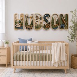 May include: A set of six wooden wall letters spelling HUDSON, each featuring layered outdoor scenes including a mallard duck, pine trees, a wooden dock, a flying duck, a cabin at night with a moon and stars, a canoe, a flashlight, and binoculars.