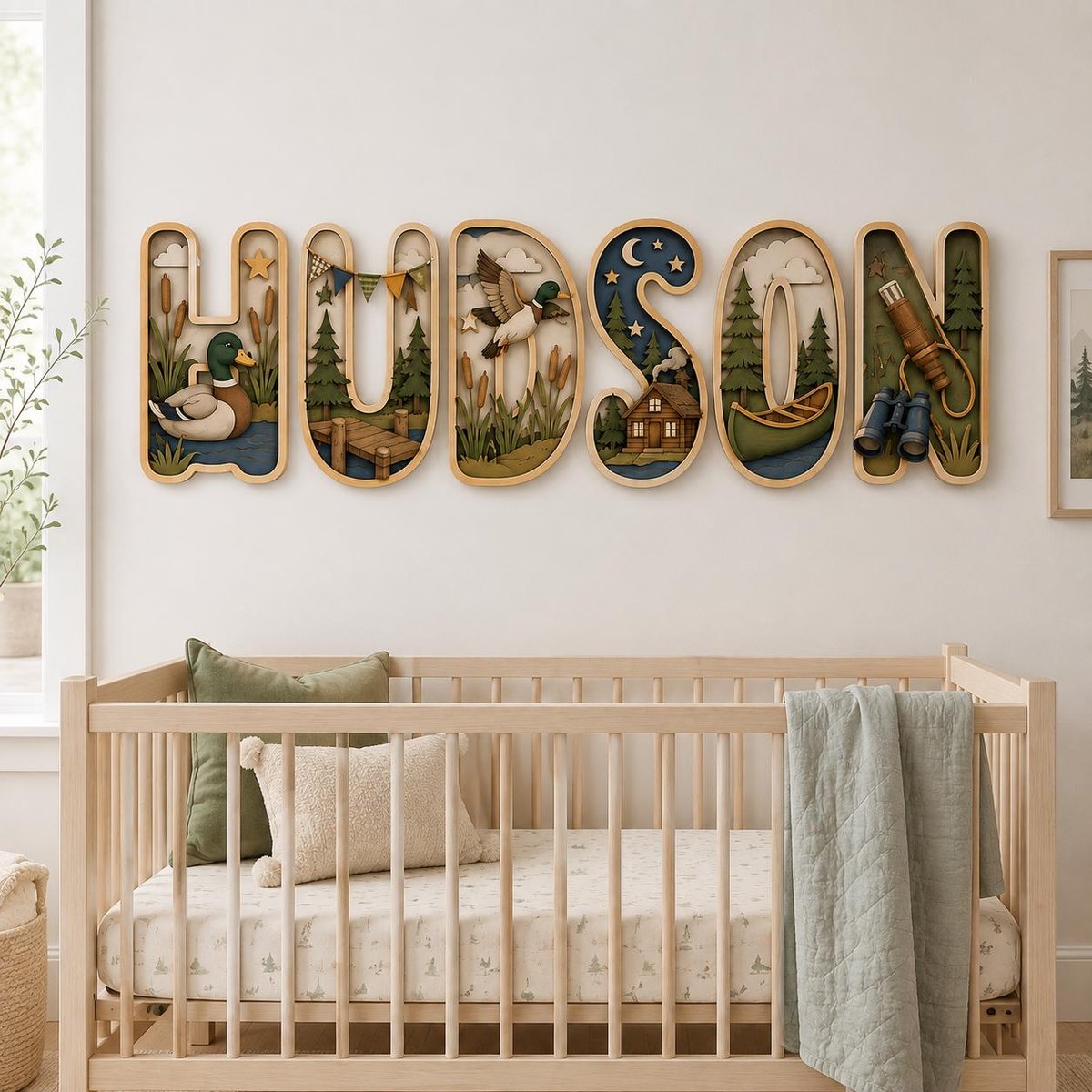 May include: A set of six wooden wall letters spelling HUDSON, each featuring layered outdoor scenes including a mallard duck, a wooden dock, a flying duck, a cabin, a canoe, and binoculars, all rendered in natural wood tones and forest greens.