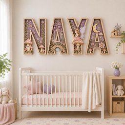 May include: Large wooden wall letters spelling NAVA, each featuring a deep, shadow-box style interior filled with miniature fairy-tale scenes including mushrooms, flowers, a bridge, a crescent moon, and a small fairy figure in soft pastel colors.