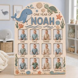 May include: A wooden arched photo frame featuring a sea-themed design with a whale, turtle, starfish, and seashells. The text reads ONE YEAR OF NOAH. It includes twelve rectangular slots for photos labeled from ONE to TWELVE, each containing a baby.