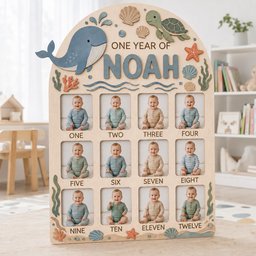May include: A wooden arched photo display board titled ONE YEAR OF NOAH with twelve rectangular slots for baby photos labeled one through twelve. The board features cut-out wooden decorations including a blue whale, sea turtle, starfish, and shells.
