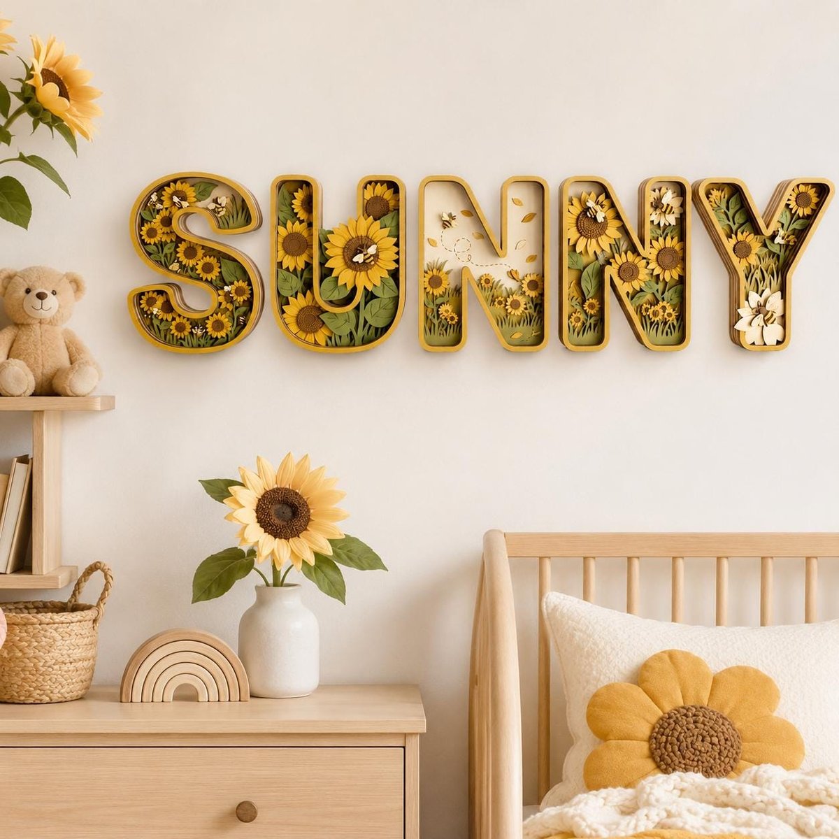 May include: A wall-mounted wooden sign spelling the word SUNNY, featuring layered cutouts of yellow sunflowers, green leaves, and small bees inside each letter. The letters are crafted with a natural wood finish and intricate floral details.