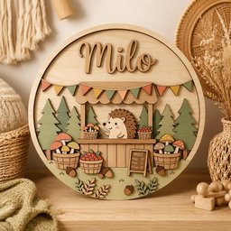 May include: A circular wooden wall sign featuring a layered 3D design of a hedgehog at a market stall. The name Milo is in script at the top. The scene includes pine trees, baskets of mushrooms and berries, and a sign reading PRICE Pogs 12 Pres 25 Price 15.