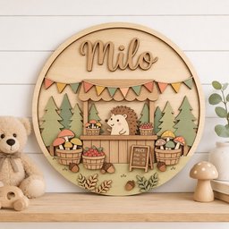 May include: A circular wooden wall sign featuring a layered 3D design of a hedgehog at a market stall. The sign displays the name Milo in script lettering, surrounded by pine trees, mushroom baskets, bunting, and a small sign labeled PRICE.