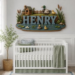 May include: A wall-mounted decorative sign featuring the name HENRY in large blue letters. The scene includes a wooden birdhouse, a mallard duck, two ducklings, cattails, and lily pads on a blue pond base, all rendered in a three-dimensional style.