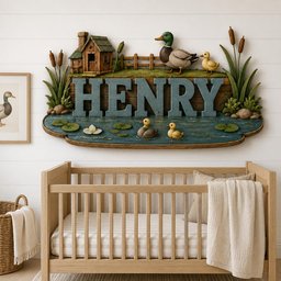 May include: A wall-mounted decorative sign featuring the name HENRY in large blue letters. The scene includes a wooden cabin, a mallard duck with a duckling, cattails, and a pond with lily pads and two small ducklings floating on the water.