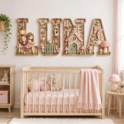 May include: Four large, decorative wooden letters spelling LUNA, featuring intricate 3D carvings of a fairy, a cottage, a birdhouse, a fence, mushrooms, flowers, and a butterfly in soft pink, green, and beige tones mounted on a wall above a crib.