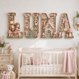 May include: Four large wooden letters spelling LUNA, decorated with 3D fairy-tale motifs including a fairy, a birdhouse, a cottage, flowers, mushrooms, vines, and a butterfly. The letters feature soft pink, green, and cream tones with intricate details.