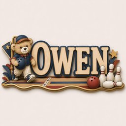 May include: A decorative wall sign featuring the name OWEN in large beige letters with dark blue outlines. A cartoon bear wearing a baseball cap and uniform holds a blue bowling ball. The scene includes bowling pins and a red bowling ball.
