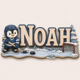 May include: A decorative wooden wall sign featuring the name NOAH in large beige letters with dark blue outlines. A cartoon penguin wearing a blue hockey uniform and helmet holds a stick on an icy surface with a hockey net and a black puck.