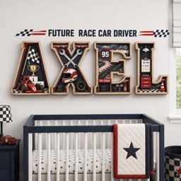 May include: A set of four wooden letter wall shelves spelling AXEL, featuring a racing theme with miniature race cars, a helmet, wrenches, a trophy, and a pit stop sign. Above the letters, the text FUTURE RACE CAR DRIVER is displayed.